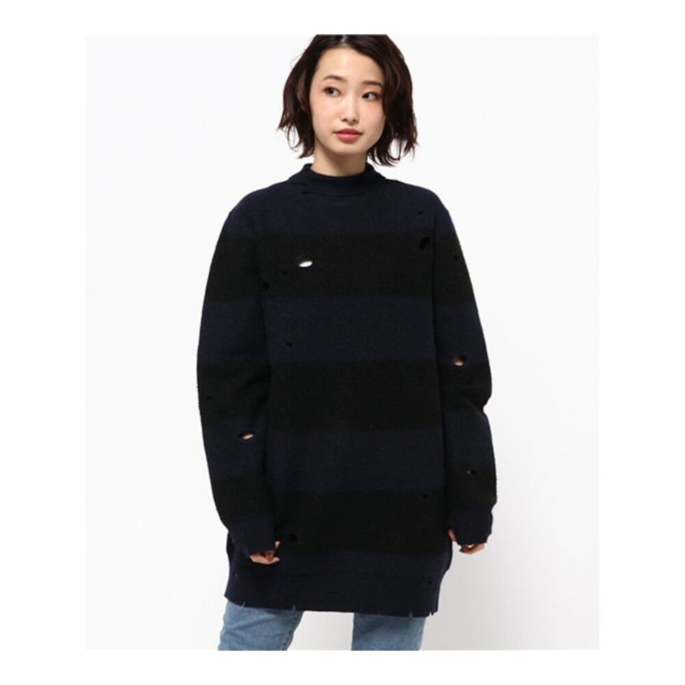 T ALEXANDER WANG Womens Navy Distressed Oversized Long Sleeve Sweater XS